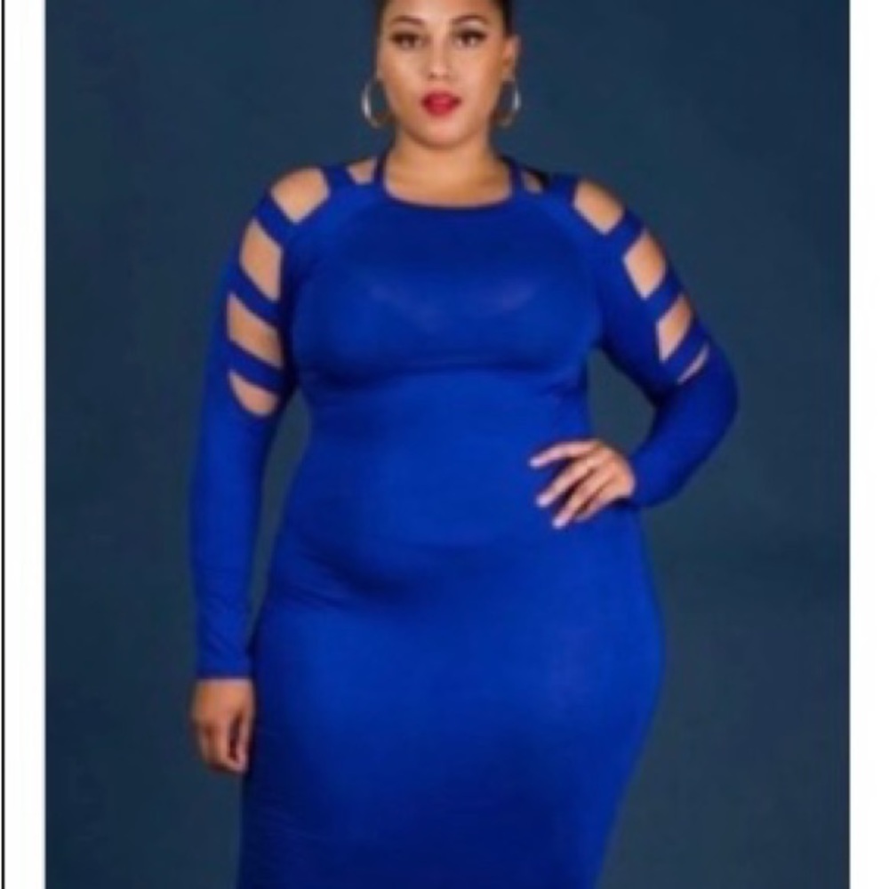 Royal Blue Long Sleeve Caged Midi Dress, Sz 3X